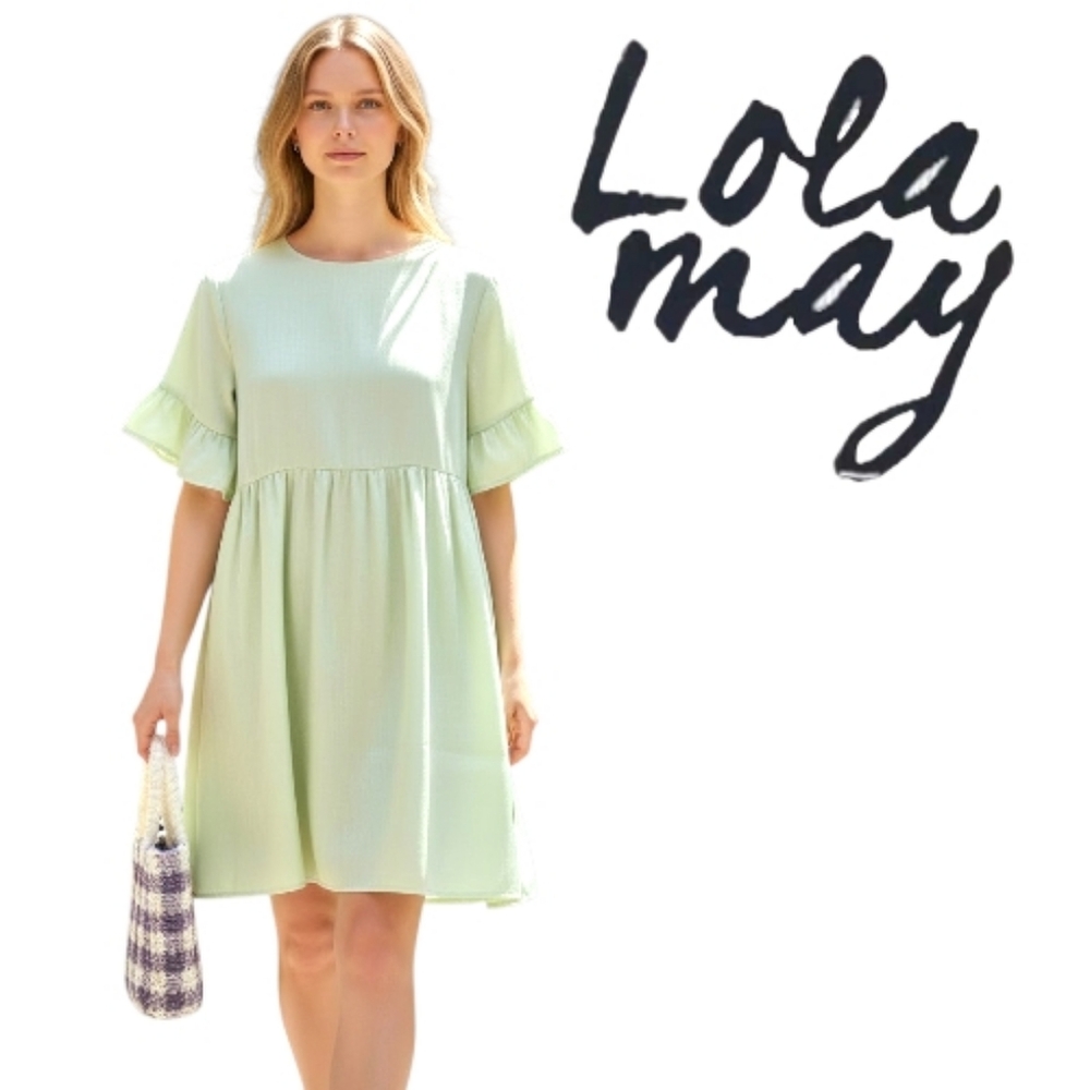 LOLA MAY Iridescent Green Short Sleeve/Ruffle Hem Midi Babydoll Dress NWT Size 8